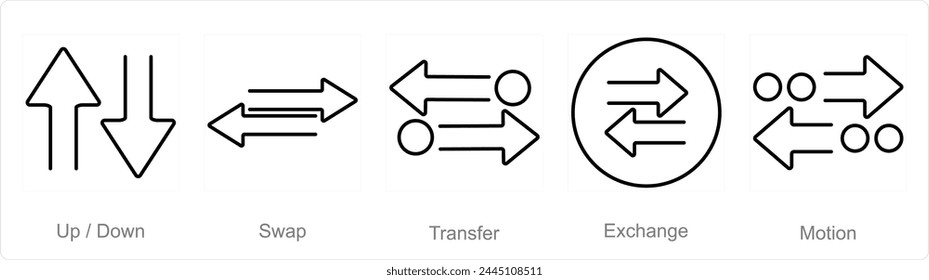 A set of 5 arrows icons as up down, swap, transfer