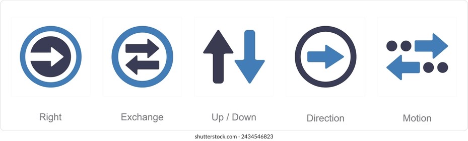 A set of 5 arrows icons as right, exchange, up down