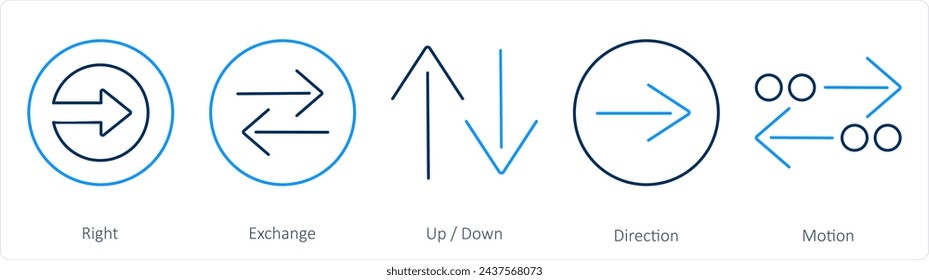 A set of 5 arrows icons as right, exchange, up down