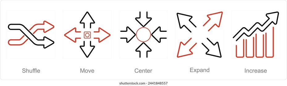 Ein Satz von 5 Pfeilen Icons als Mischen, Bewegen, Zentrieren