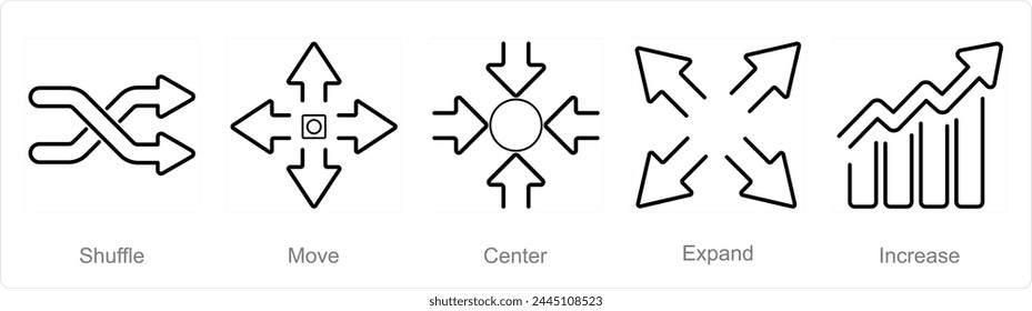 Un conjunto de 5 flechas iconos como baraja, mover, centro