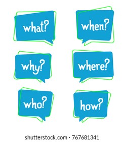 Set Of 5 Ask W Words In Bubbles - Why, What, Who, Where, When, How? Who, Why Sign