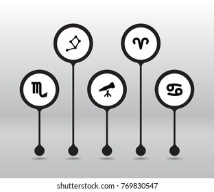 Set Of 5 Astrology Icons Set.Collection Of Crab, Ram, Zodiac Sign And Other Elements.