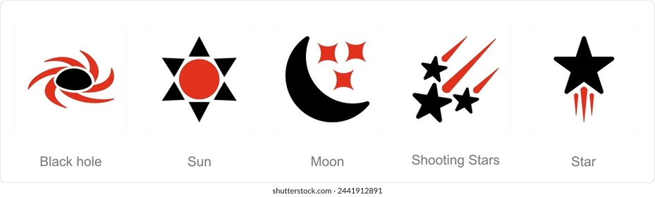 A set of 5 Astronomy icons as black hole, sun, moon