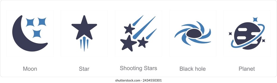 A set of 5 Astronomy icons as moon, star, shooting stars