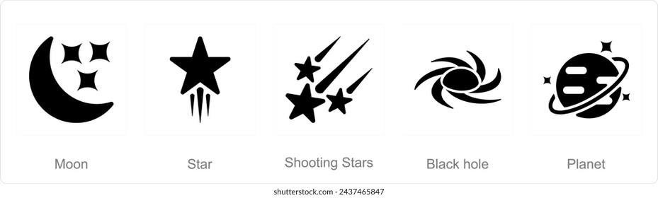 A set of 5 Astronomy icons as moon, star, shooting stars