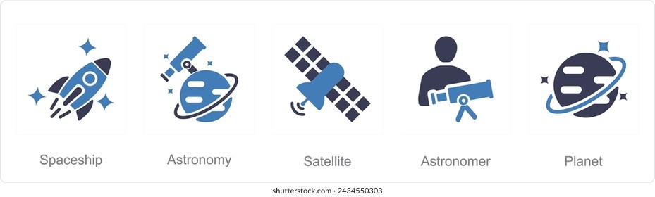 A set of 5 Astronomy icons as spaceship, astronomy, satellite