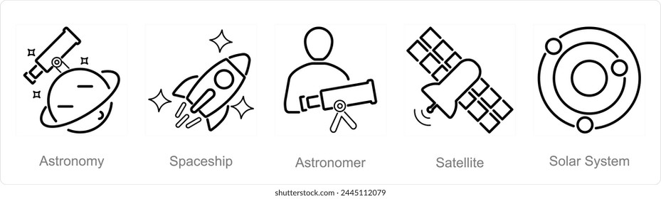 A set of 5 Astronomy icons as astronomy, spaceship, astronomer