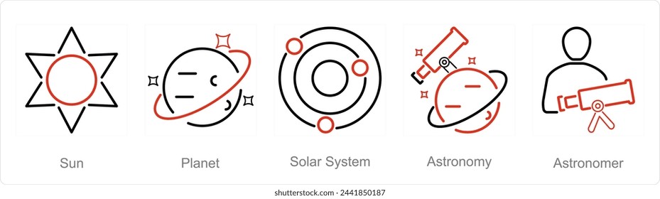 Un conjunto de 5 iconos de la astronomía como el sol, el planeta, el sistema solar