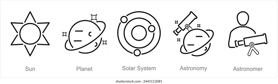 A set of 5 Astronomy icons as sun, planet, solar system