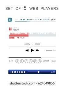 Set of 5 audio music web elements. Web UI  multimedia design. Simple audio interface  to play tracks Vector illustration. EPS 10.