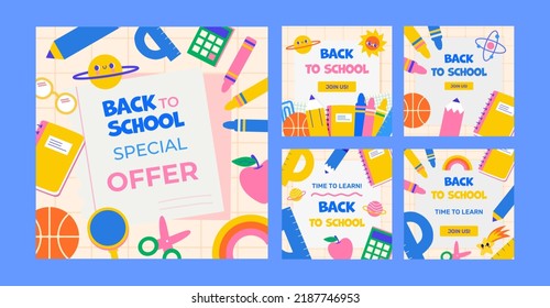 Set of 5 Back to School Templates. Modern, bright with a variety of school supplies and cute little planets. This design will make your advertisement, invitation or poster stand out.