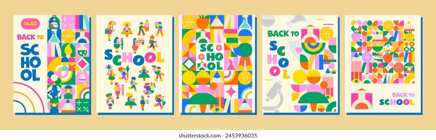 Set of 5 Back to School Templates. Modern, bright with a variety of school supplies and children who are in a hurry to learn. For announcements, advertisements, invitations, posters and much more