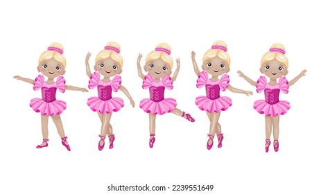 Set of 5 ballerinas. Little girl in a ballet dress, isolate on a white background. Vector illustration.