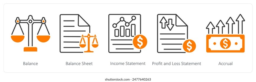 A set of 5 Banking icons as balance, balance sheet, income statement