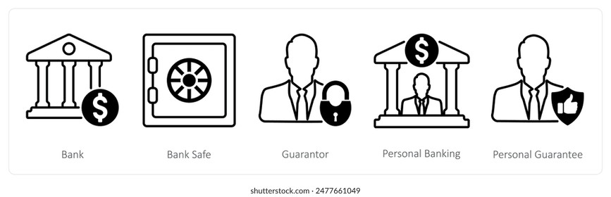 A set of 5 Banking icons as bank, bank safe, gurantor