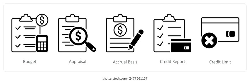 A set of 5 Banking icons as budget, appraisal, accural basis