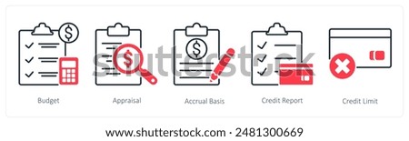 A set of 5 Banking icons as budget, appraisal, accural basis