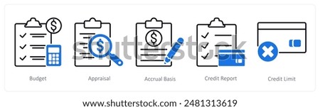 A set of 5 Banking icons as budget, appraisal, accural basis
