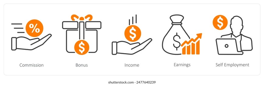 Un conjunto de 5 iconos de la banca como comisión, bonificación, ingresos