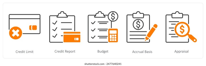 Ein Satz von 5 Banking-Icons als Kreditlimit, Kreditbericht, Budget