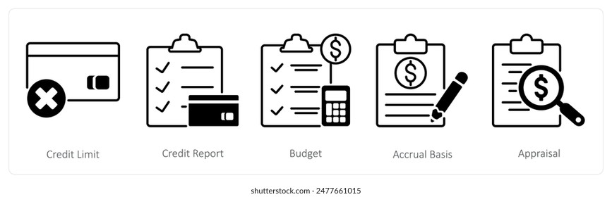 Ein Satz von 5 Banking-Icons als Kreditlimit, Kreditbericht, Budget