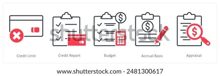 A set of 5 Banking icons as credit limit, credit report, budget