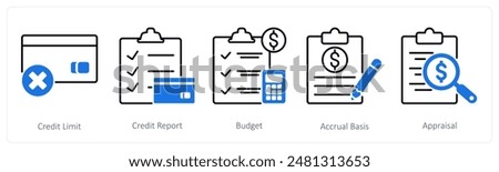 A set of 5 Banking icons as credit limit, credit report, budget