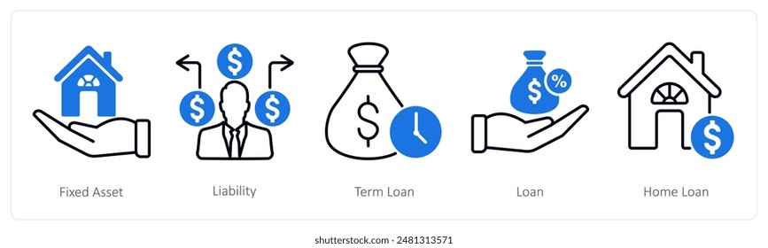 A set of 5 Banking icons as fixed asset, liability, term loan