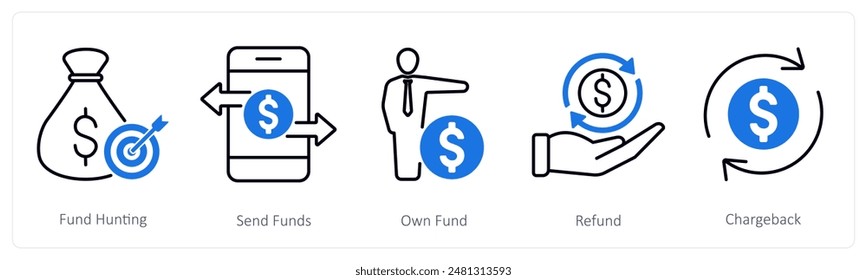 A set of 5 Banking icons as fund hunting, send funds, own funds