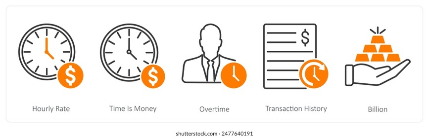 Un conjunto de 5 iconos bancarios como tasa por hora, el tiempo es dinero, horas extras