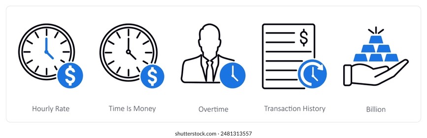 A set of 5 Banking icons as hourly rate, time is money, overtime