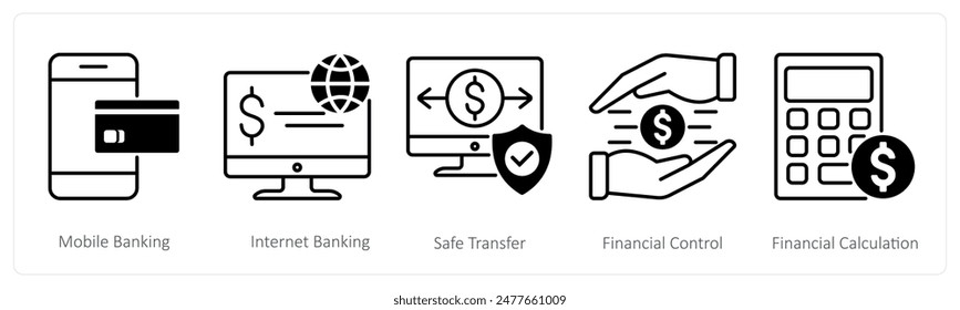 Un conjunto de 5 iconos de banca como banca móvil, banca por Internet, transferencia segura