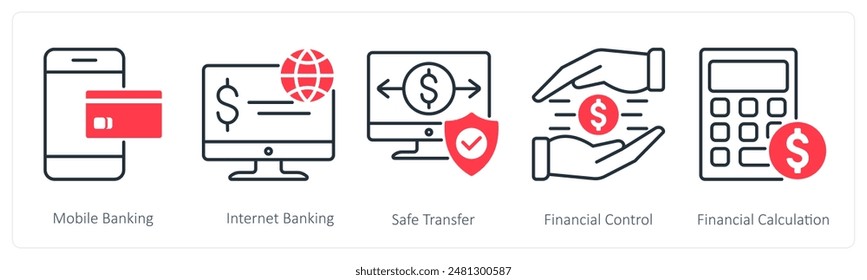 A set of 5 Banking icons as mobile banking, internet banking, safe transfer