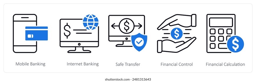 A set of 5 Banking icons as mobile banking, internet banking, safe transfer