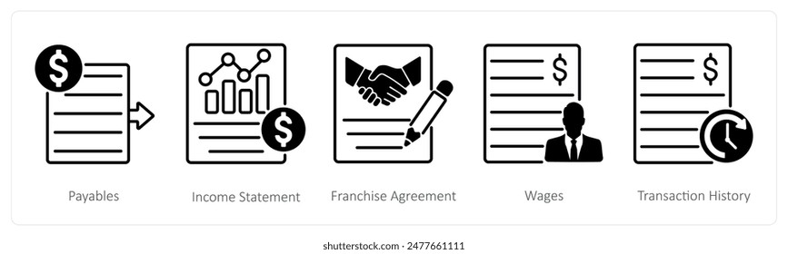 Eine Gruppe von 5 Banksymbole als Verbindlichkeiten, Gewinn- und Verlustrechnung, Franchise-Vereinbarung