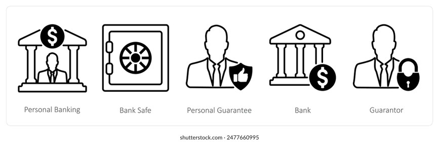 A set of 5 Banking icons as personal banking, bank safe, personal gurantee