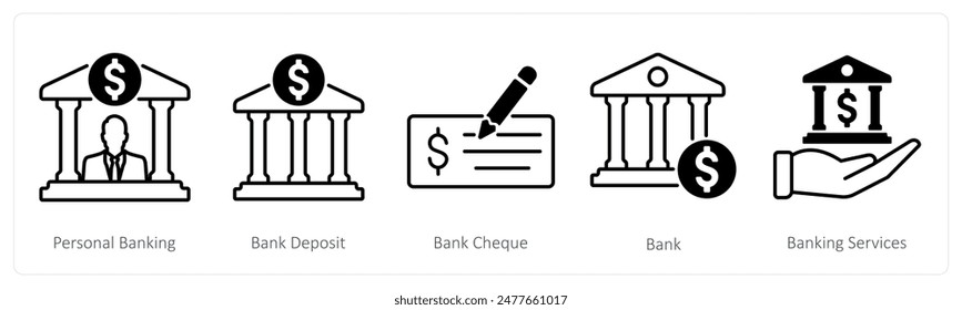 Un conjunto de 5 iconos de banca como banca personal, depósito bancario, cheque bancario