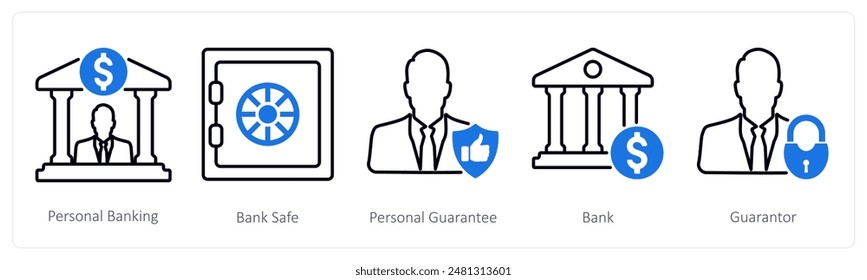 A set of 5 Banking icons as personal banking, bank safe, personal gurantee