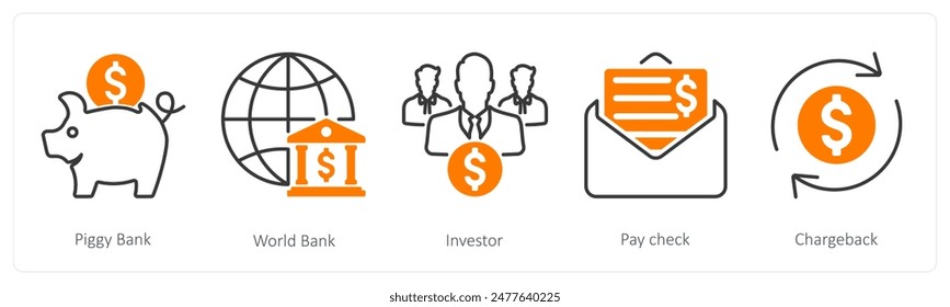 A set of 5 Banking icons as piggy bank, world bank, investor