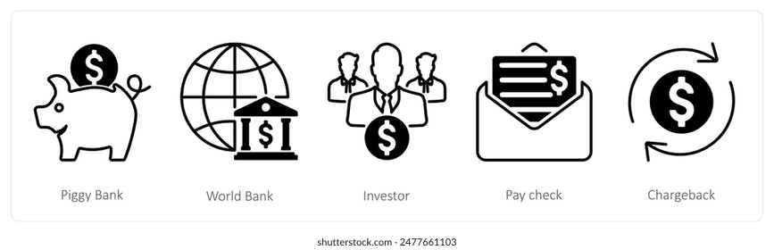 A set of 5 Banking icons as piggy bank, world bank, investor