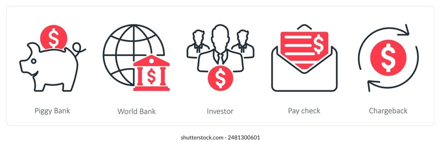 A set of 5 Banking icons as piggy bank, world bank, investor