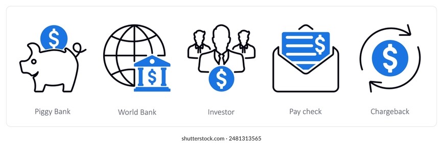 A set of 5 Banking icons as piggy bank, world bank, investor