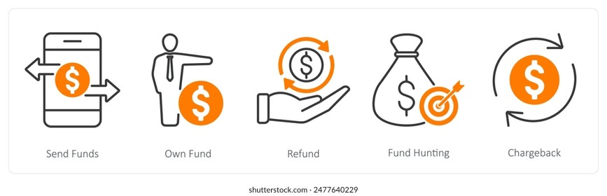 A set of 5 Banking icons as send funds, own fund, refund