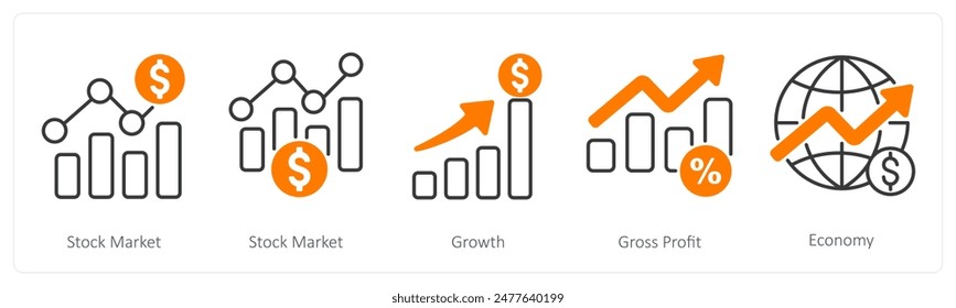 A set of 5 Banking icons as stock market, growth, gross profit