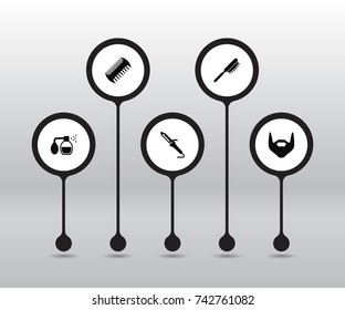 Set Of 5 Barber Icons Set. Collection Of Hipster, Deodorant, Comb And Other Elements.
