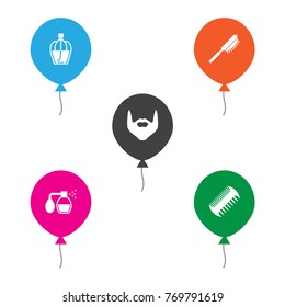 Set Of 5 Barber Icons Set.Collection Of Comb, Hipster, Perfume And Other Elements.