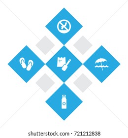 Set Of 5 Beach Icons Set.Collection Of Umbrella, Game, Flip Flop And Other Elements.
