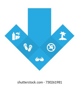 Set Of 5 Beach Icons Set.Collection Of Diver Equipment, Palm, No Swimming Sign And Other Elements.