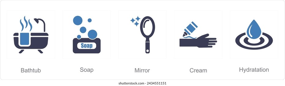 A set of 5 Beauty and Spa icons as bath tub, soap, mirror